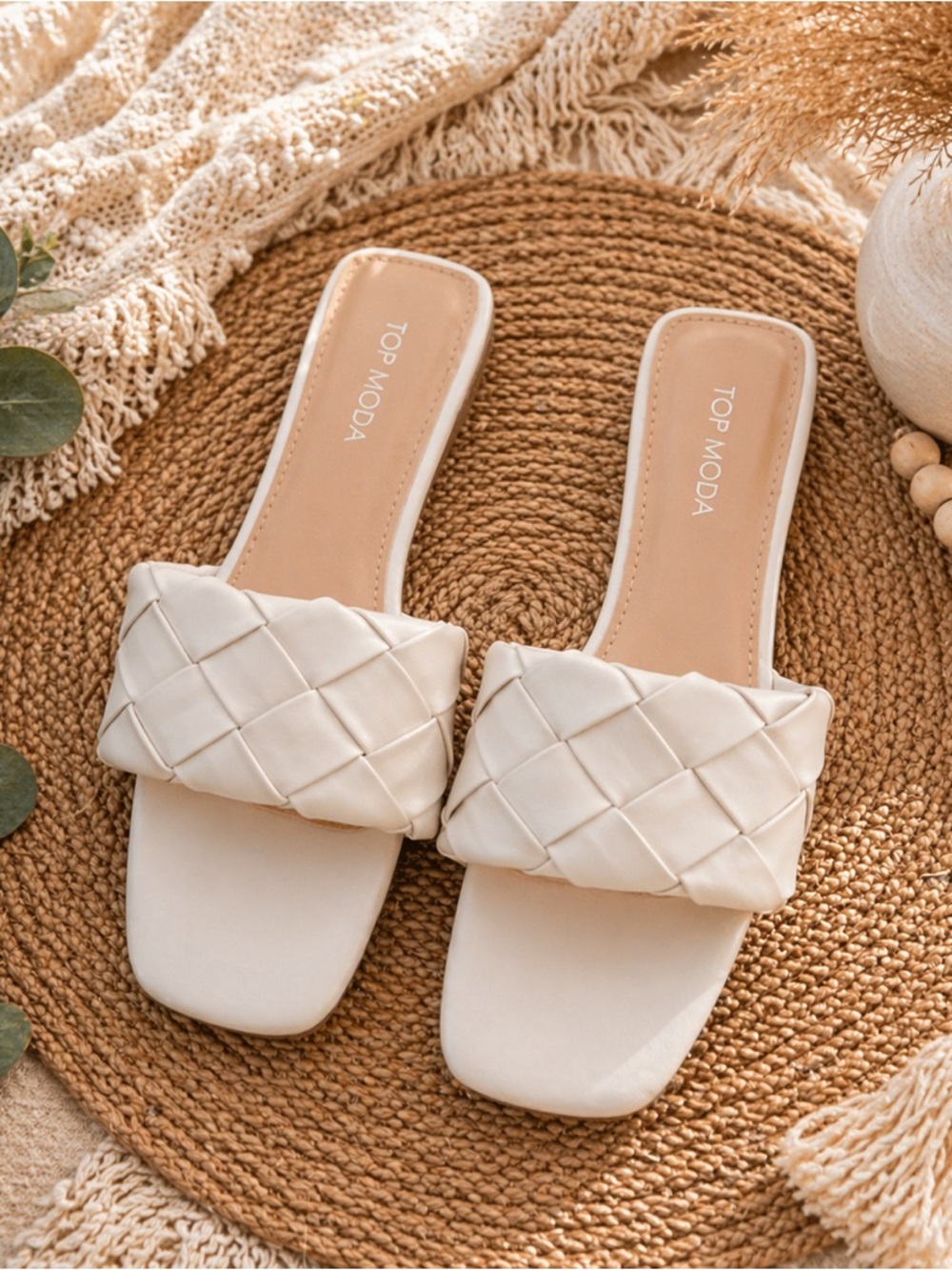Top Moda Woven Slide Sandals Size 9 Ivory Square Toe